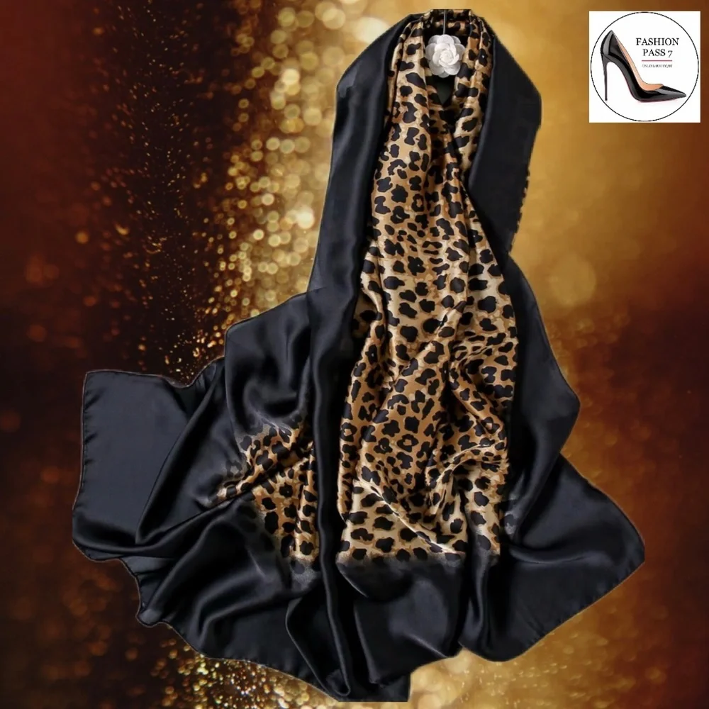 100% SILK SATIN Large Shawl Leopard Print Scarf Animal Print Wrap Coverup Gift
